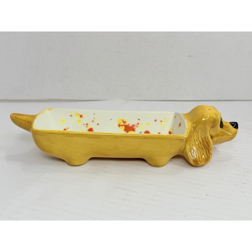Ceramic Dachshund Dog Planter Trinket Dish Catchall Yellow 10" Cute Decor